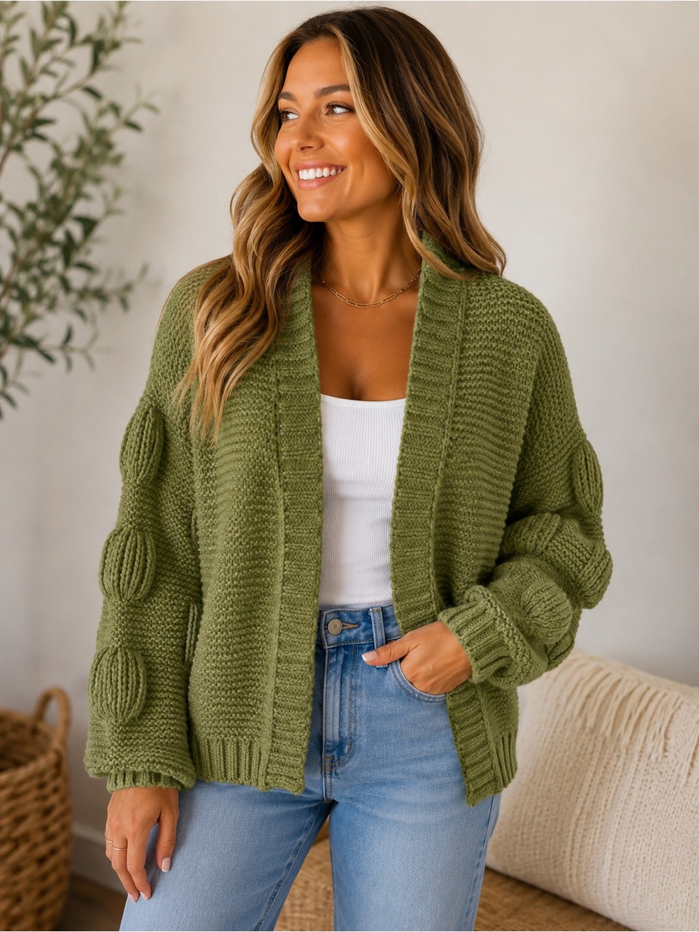 Olive Green Open-Front Knit Cardigan Sweater